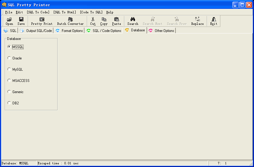 SQL Pretty Printer supported database: sql server, Oracle, MySQL, DB2 and Access