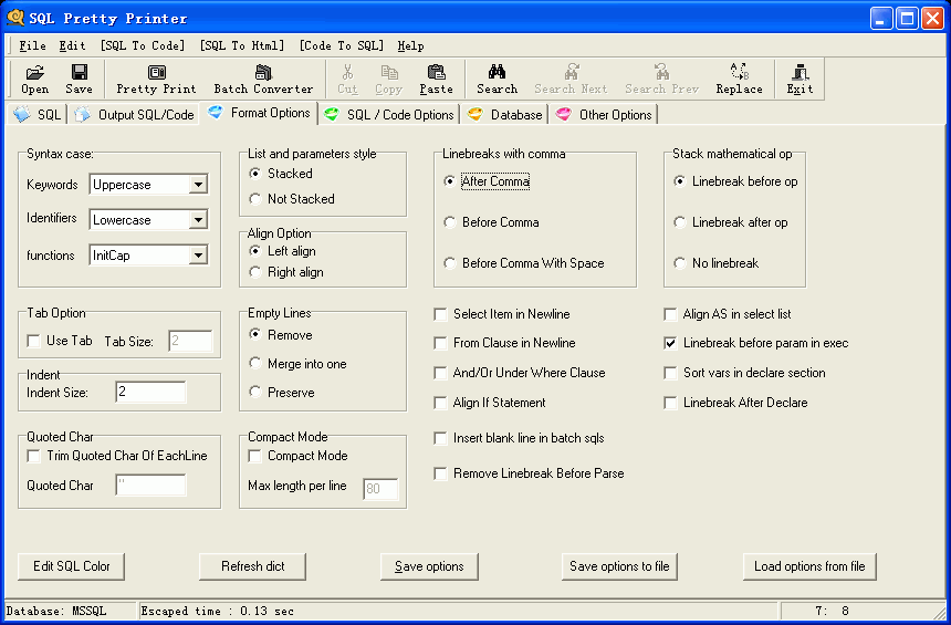 SQL Pretty Printer format options