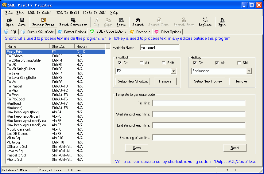 SQL Pretty Printer Code convert options