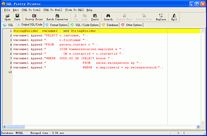 SQL Pretty Printer convert to c#