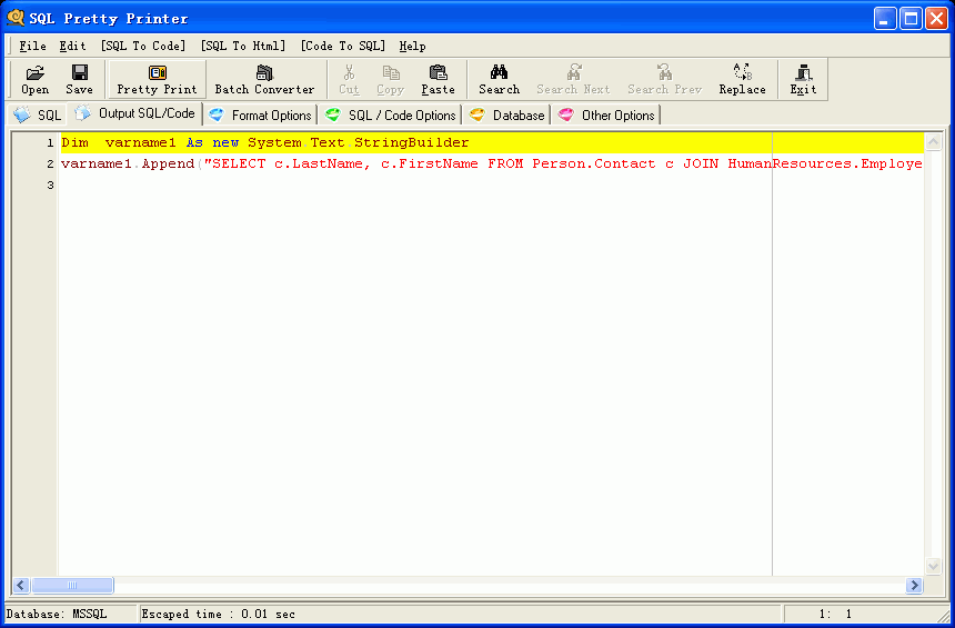 SQL Pretty Printer convert to vb.net